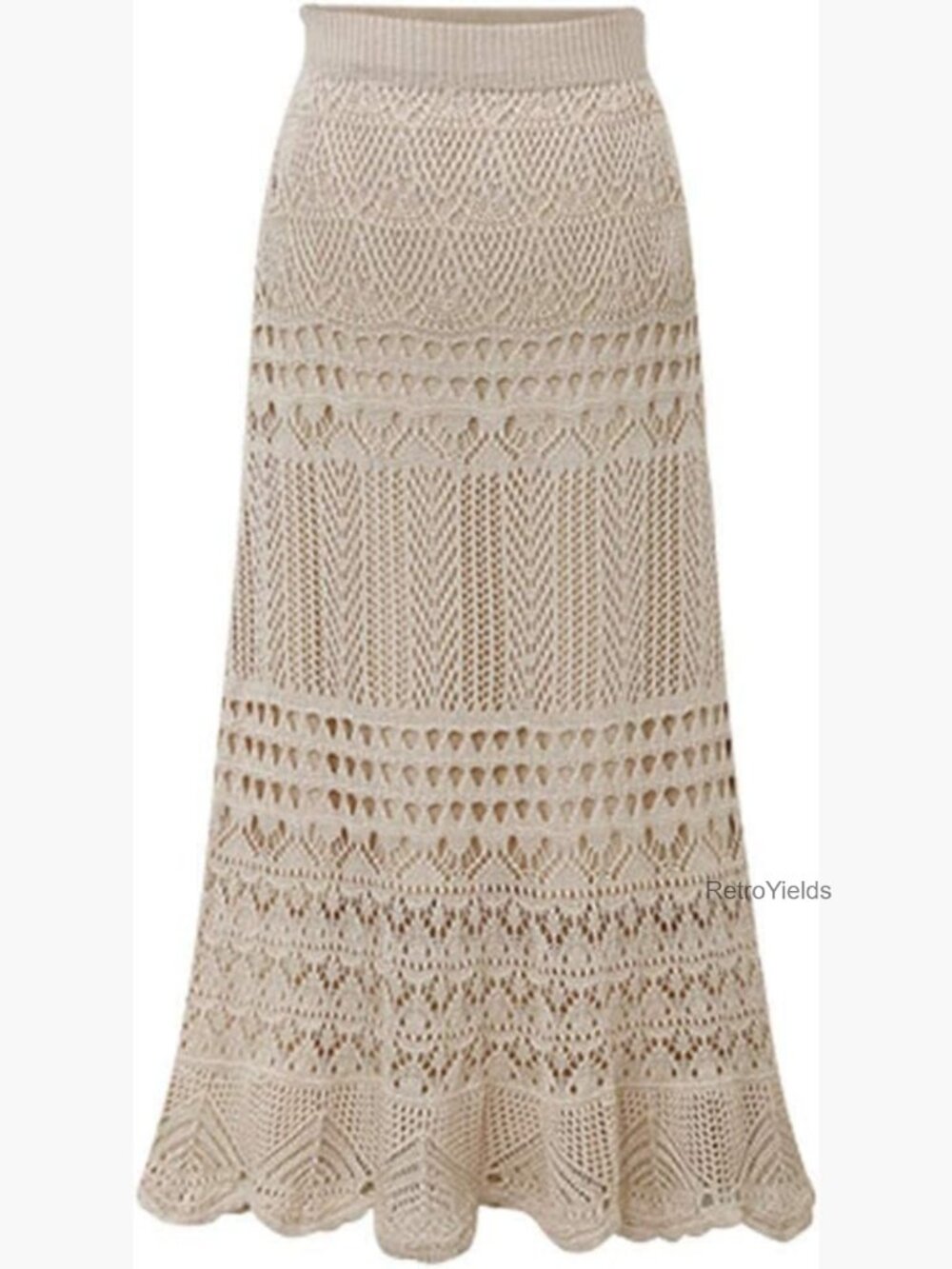 High Waist Crochet Lace Maxi Skirt Flowy A-Line Mermaid Hem Knit Boho Skirt